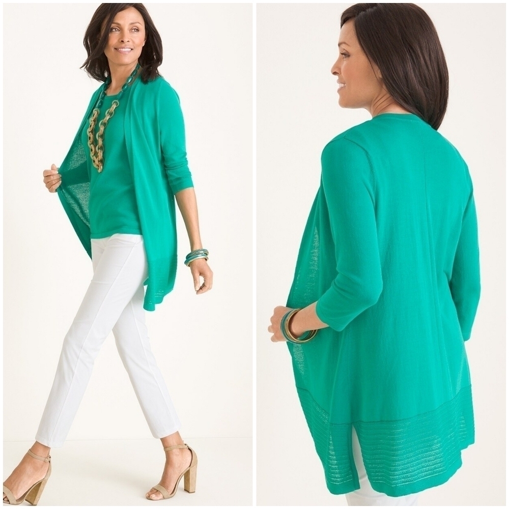 Chico's Stitch-Detail Open Front Mid-Length Cardigan Sweater Women's L Turquoise - Picture 5 of 9